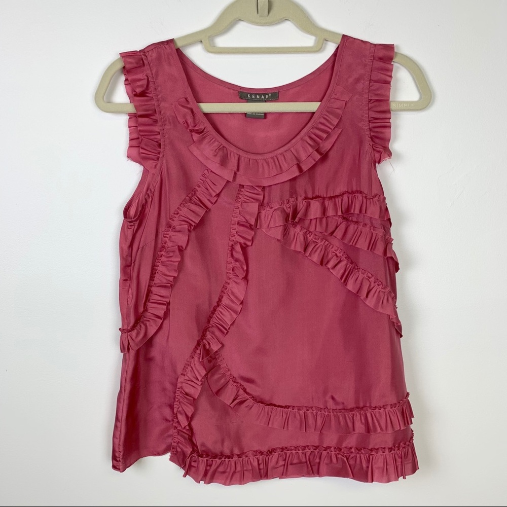 Kenar 100% Silk Pink Ruffle Sleeveless Blouse